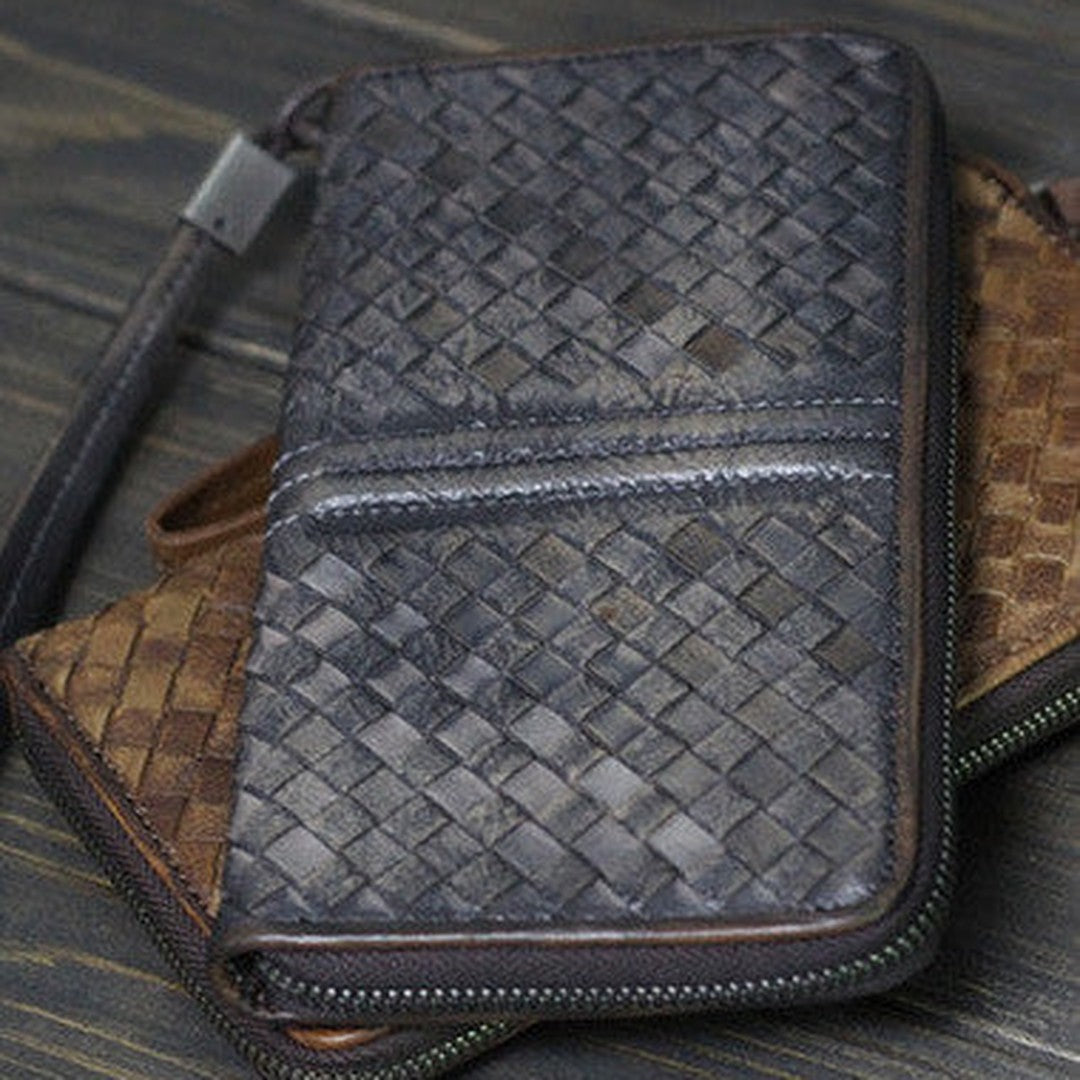 Handmade Men long leather wallet clutch men braided vintage gray brown wallet for him