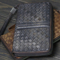 Handmade Men long leather wallet clutch men braided vintage gray brown wallet for him