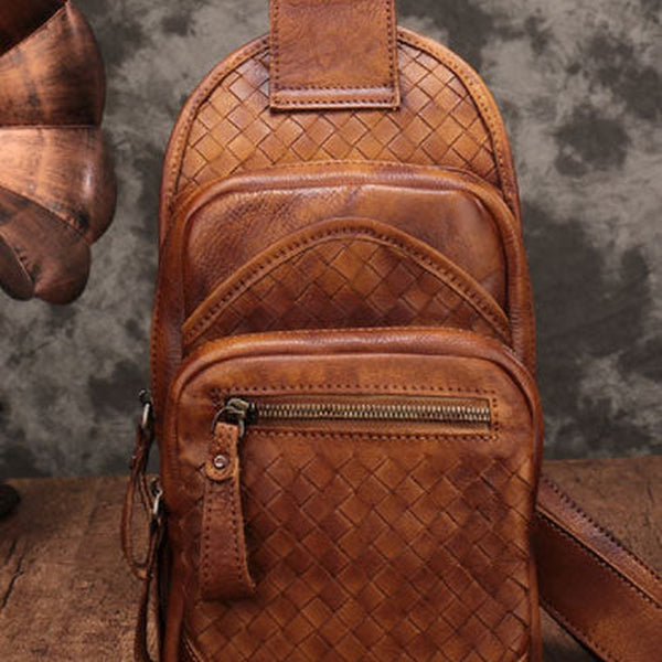 Genuine Brown Leather Mens Chest Bag Woven Sling Bag Sling Pack Sling Backpack for men