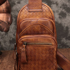 Genuine Brown Leather Mens Chest Bag Woven Sling Bag Sling Pack Sling Backpack for men