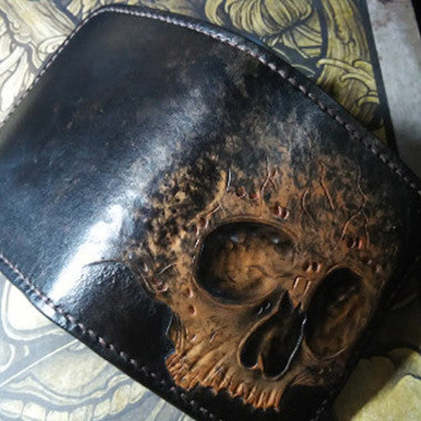 Handmade skull small leather wallet men tooled cool billfold wallet for him
