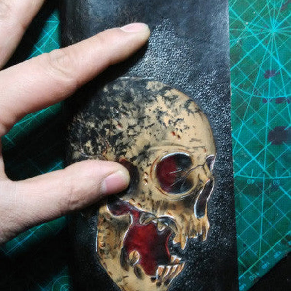 Handmade Long  leather wallet men skull tooled carved long wallet for him