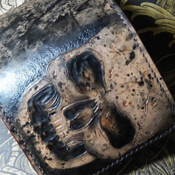Handmade billfold leather wallet men skull tooled carved billfold wallet for him