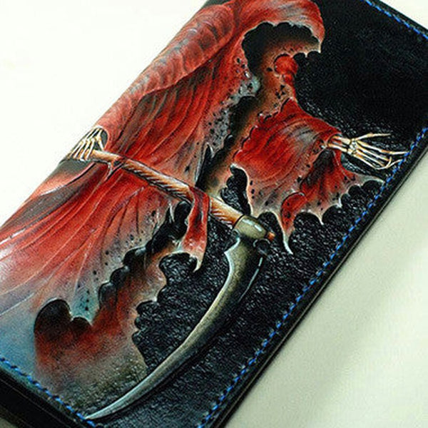 Handmade Long leather wallet men death angle tooled carved long wallet for him
