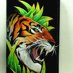 Handmade Long leather wallet men tiger black tooled carved long wallet for him