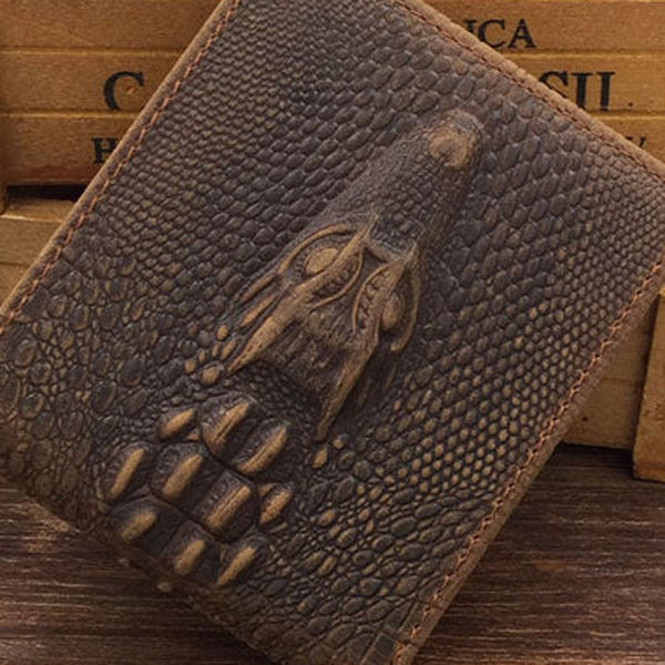 Dragon Embossed Leather Billfold Wallet for Men – Alligator Pattern Slim Bifold with Zip Pocket
