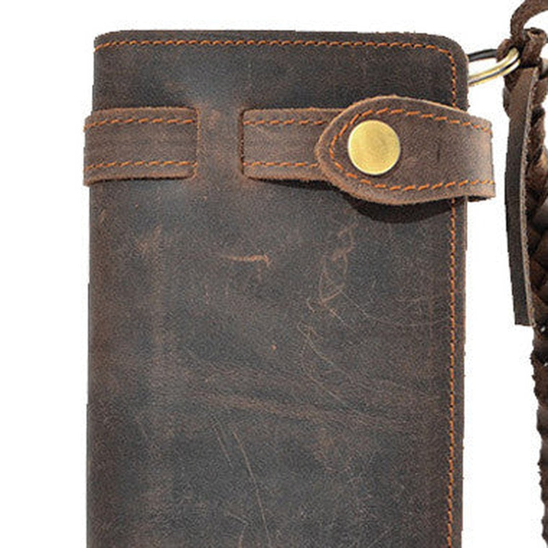 Handmade leather Vintage brown bifold biker chain wallet men long wallet purse