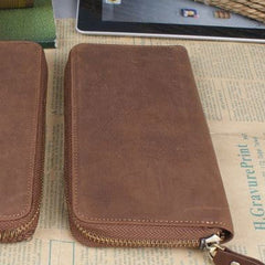 Handmade leather long wallet Vintage bifold brown zip wallet clutch purse For Men