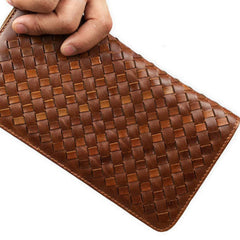 Handmade leather men modern brown coffee weave zip clutch men long wallet purse