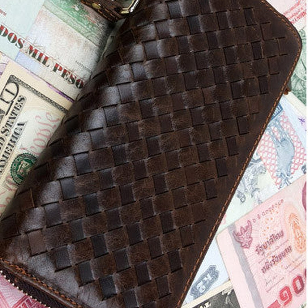 Handmade leather men modern brown coffee weave zip clutch men long wallet purse