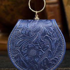 Handmade makeup leather round change coin wallet flowral leather billfold wallet for men women