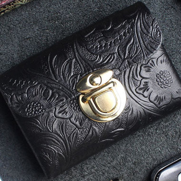 Handmade card leather change coin wallet flowral leather billfold wallet for men women