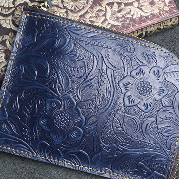 Handmade small leather change coin wallet flowral Zipper leather billfold wallet for men women