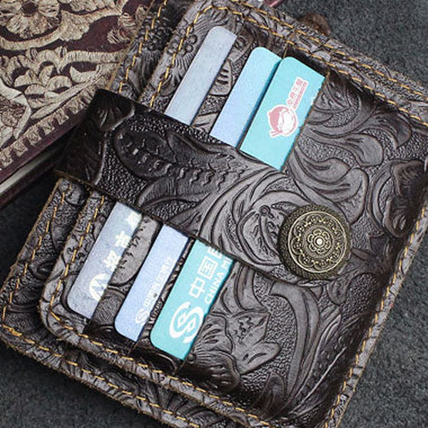 Handmade billfold Leather Wallet Cards Wallet Flowral Leather billfold Wallet For Men Women