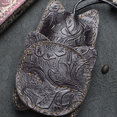 Handmade Car Key Wallet Vintage Leather Wallet Cat Kitty Cute Carved Floral Leather Accessories Gift For Men Women
