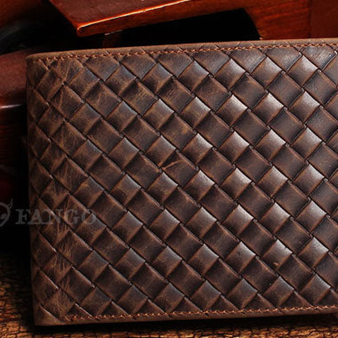 Vintage Billfold Leather Wallet Braided Leather Pattern Billfold Wallet for Men Women