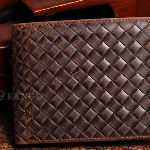 Vintage Billfold Leather Wallet Braided Leather Pattern Billfold Wallet for Men Women