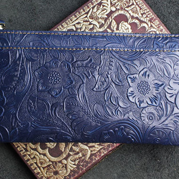 Handmade long leather wallet zipper flowral leather clutch wallet for men women