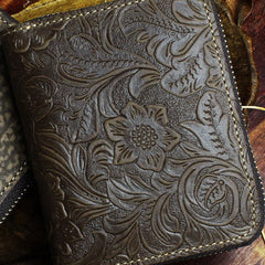 Handmade billfold leather wallet flowral leather Zipper wallet for men women