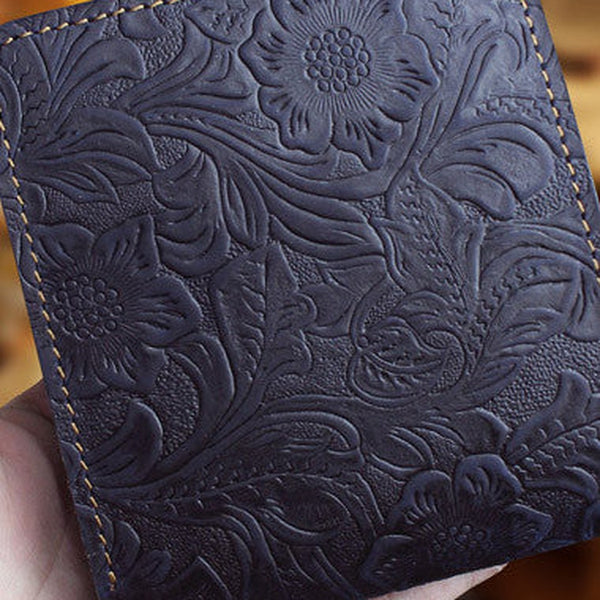Handmade billfold leather wallet flowral leather billfold wallet for men women