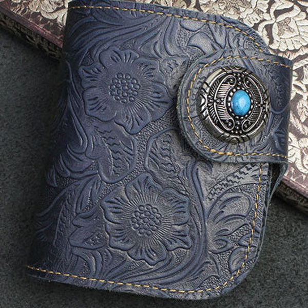 Handmade billfold Bifold Leather Wallet Floral Leather Botton billfold Wallet For Men Women