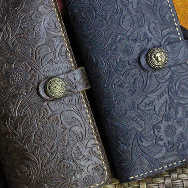 Handmade long leather wallet flowral leather clutch wallet for men women