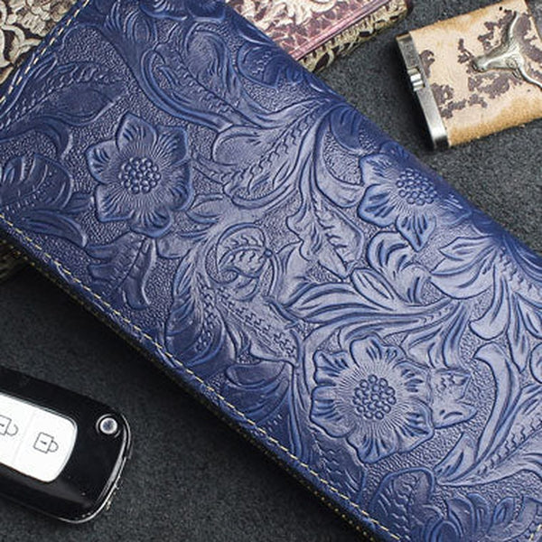 Handmade long leather wallets floral Zipper leather clutch wallet for women men