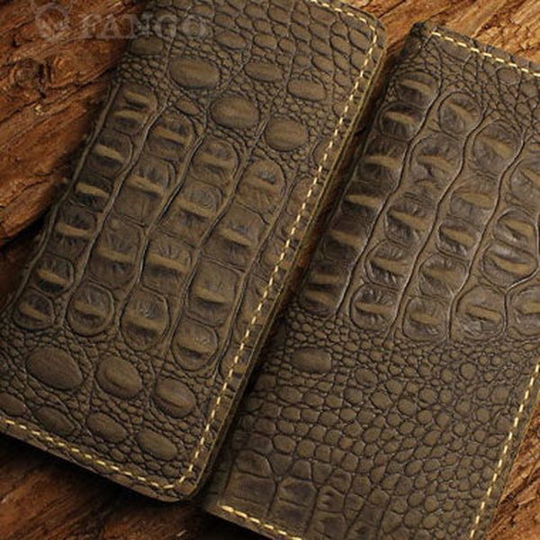 Handmade long leather wallet crocodile zipper leather clutch wallet for men