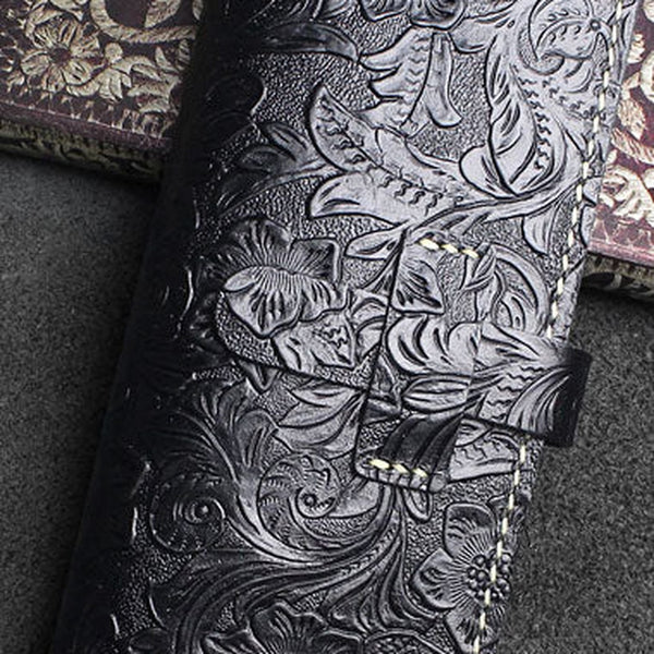 Handmade long leather wallet floral leather clutch wallet for women men zip