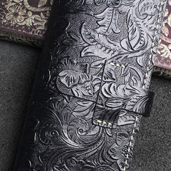 Handmade long leather wallet floral leather clutch wallet for women men zip