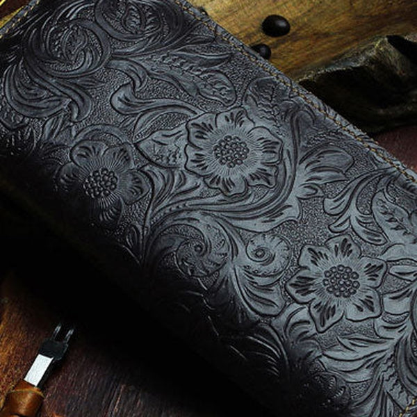 Handmade Long Leather Wallet Bifold Floral Leather Clutch Wallet For Men Women