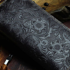 Handmade Long Leather Wallet Bifold Floral Leather Clutch Wallet For Men Women