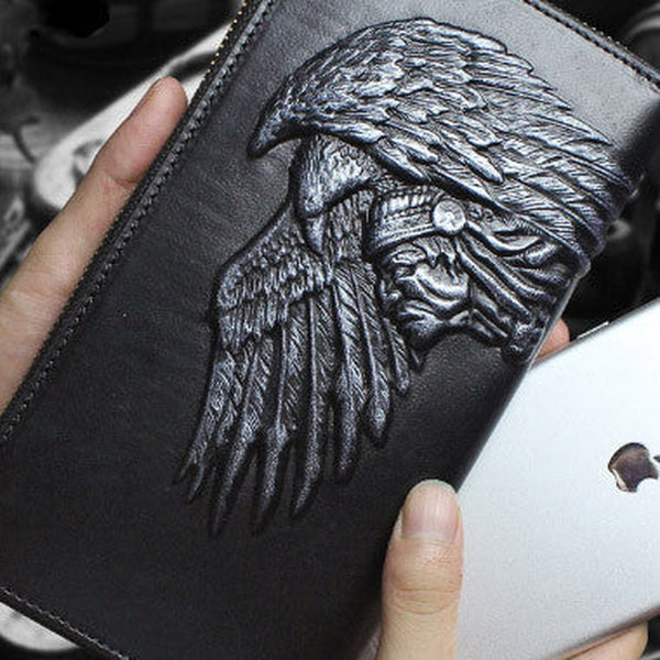 Handmade zip long wallet leather men Indian Cheif clutch phone wallet for men