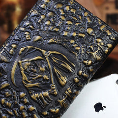 Handmade zip long wallet leather men skull death clutch phone wallet for men