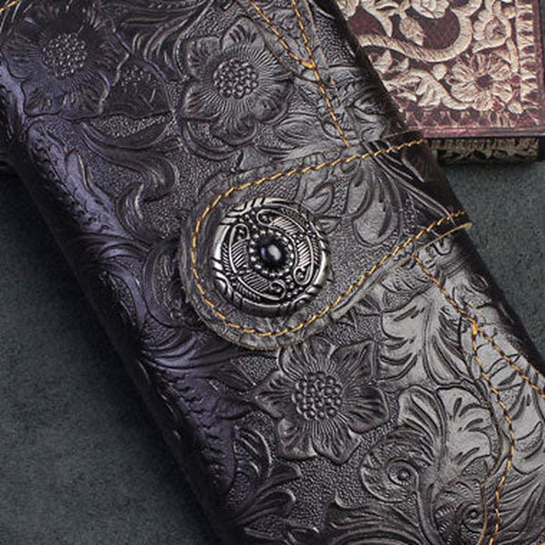 Handmade Long Leather Wallet Bifold Button Carved Floral Leather Clutch Wallet For Men Women