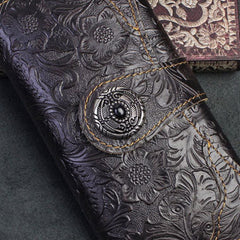 Handmade Long Leather Wallet Bifold Button Carved Floral Leather Clutch Wallet For Men Women