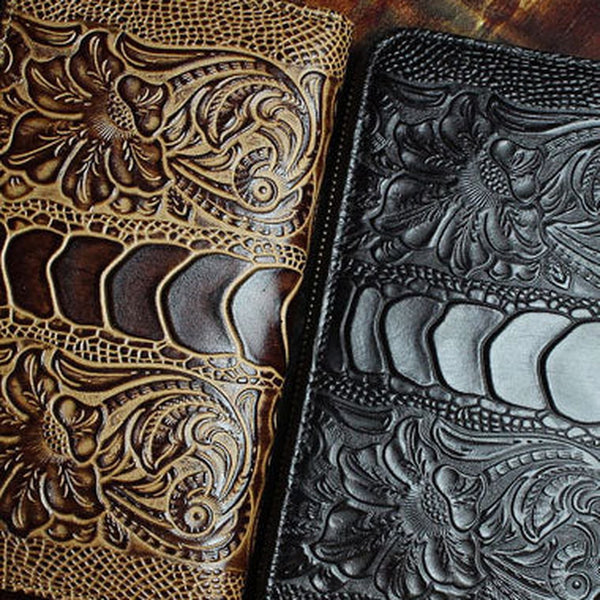 Handmade Long Leather Wallet Crocodile Style Leather Zipper Clutch Wallet For Men Women