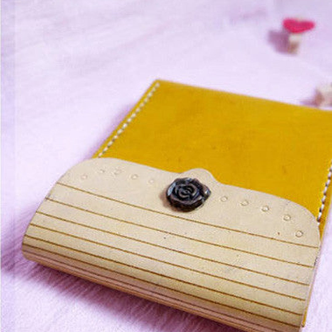 Handmade yellow vintage leather billfold ID card photo holder bifold wallet for women girl