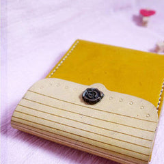 Handmade yellow vintage leather billfold ID card photo holder bifold wallet for women girl
