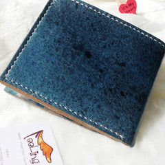 Handmade blue vintage leather billfold ID card photo holder bifold wallet for women girl