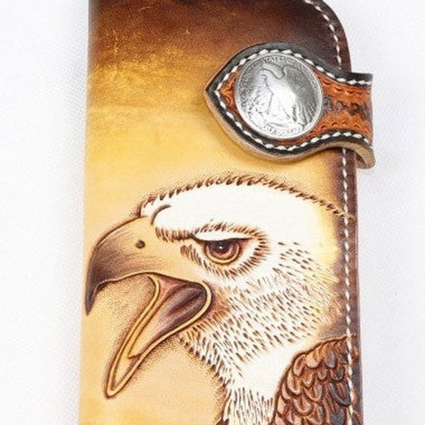 Handmade biker trucker wallet leather chain men eagle carved tooled wallet