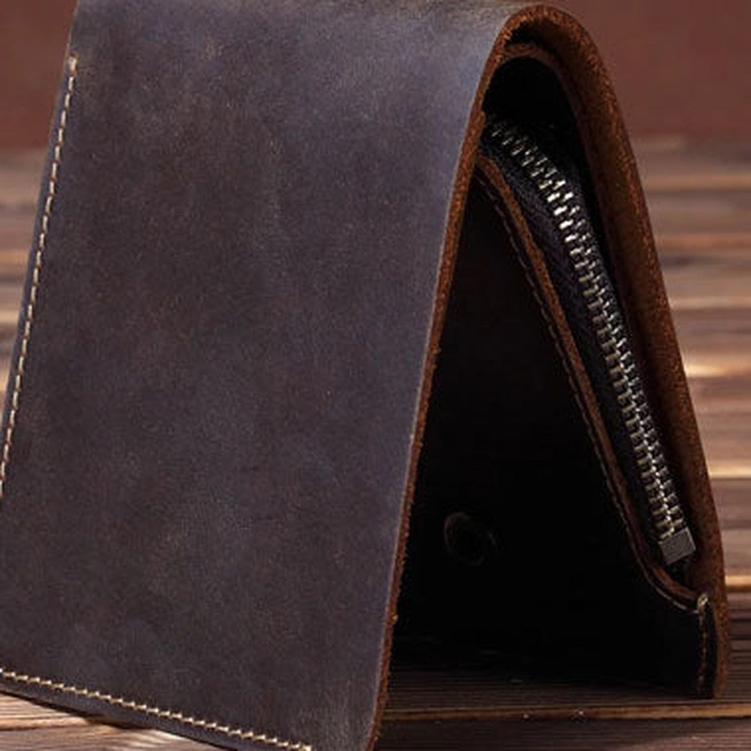 Handmade Genuine Leather Billfold Wallet for Men – Slim Bifold with Zip Coin Pocket