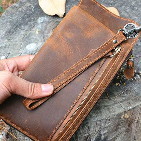 Handmade Genuine Leather Wallet Long Wallet Bifold Biker Wallet Bag For Mens