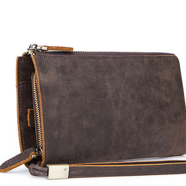 Handmade Genuine Leather Long Wallet Zip Bifold Wallet Purse Clutch Bag For Mens