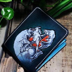 Handmade leather billfold blue skull wallet leather men Black Carved Tooled wallet