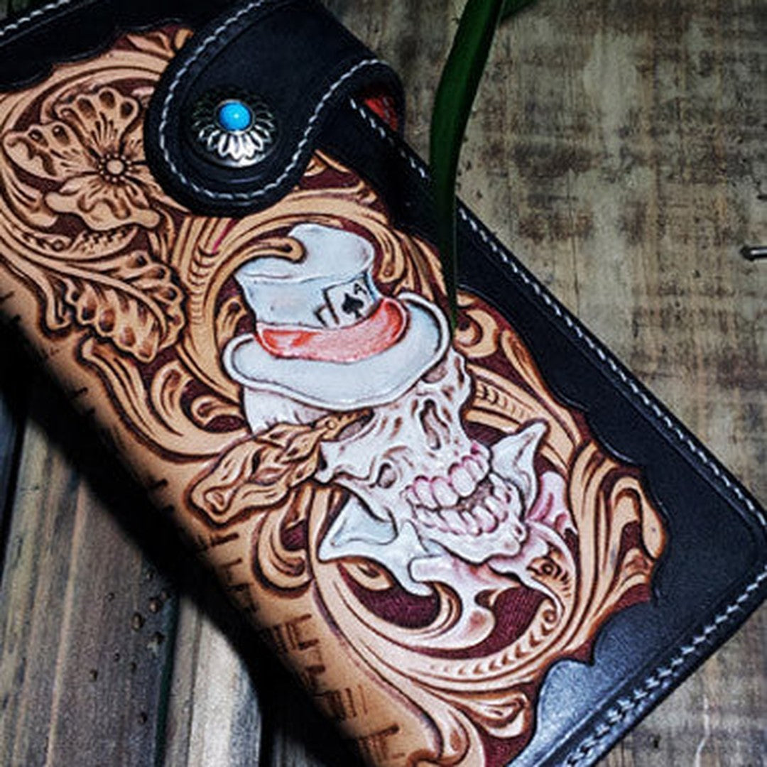 Handmade leather Biker trucker chain long floral skull wallet leather men Black Carved Tooled wallet