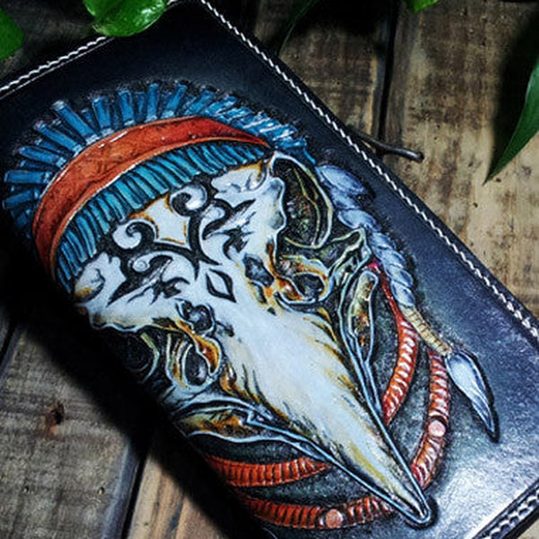 Handmade leather Biker chain wallet Indian Eagle trucker wallet men Tooled wallet