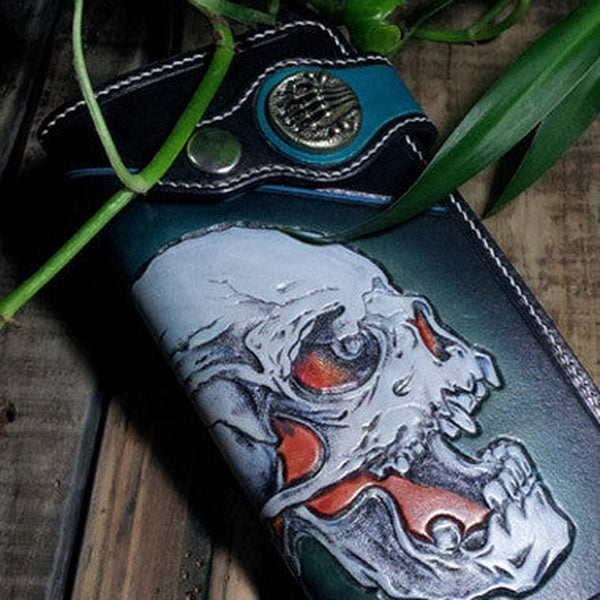 Handmade leather Biker wallet chain wallet long skull wallet leather mens Tooled wallet