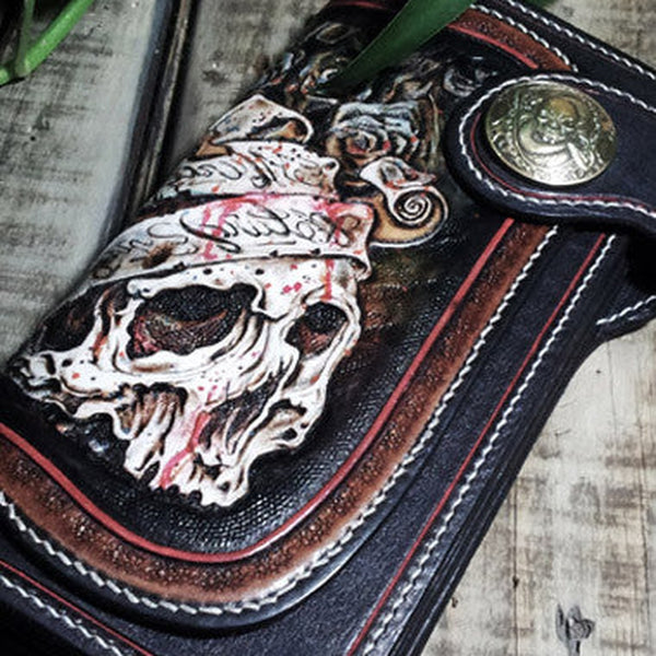 Handmade leather Biker wallet trucker wallet chain wallet long skull wallets leather men Black Tooled wallet
