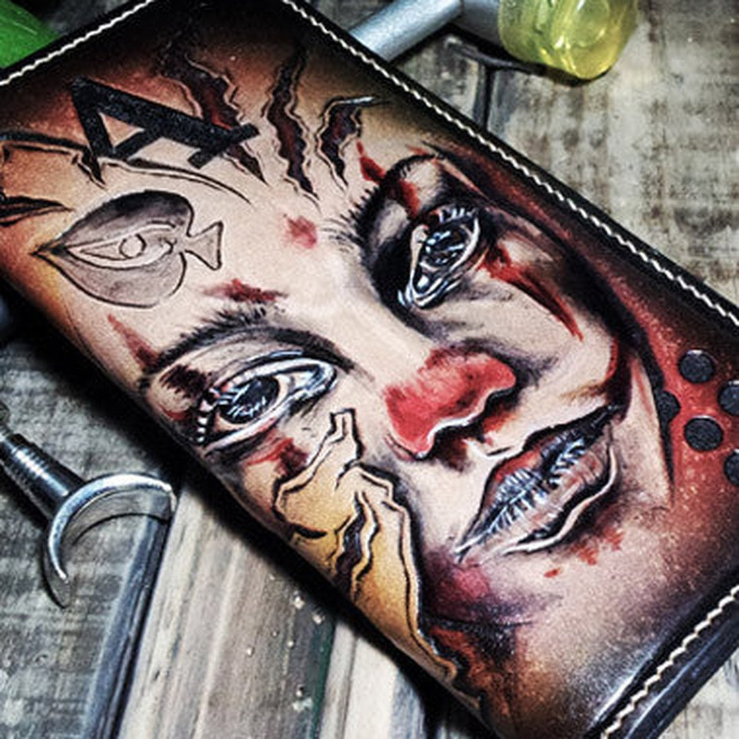 Handmade leather Biker trucker long Joker wallet leather  men Black Carved Tooled wallet